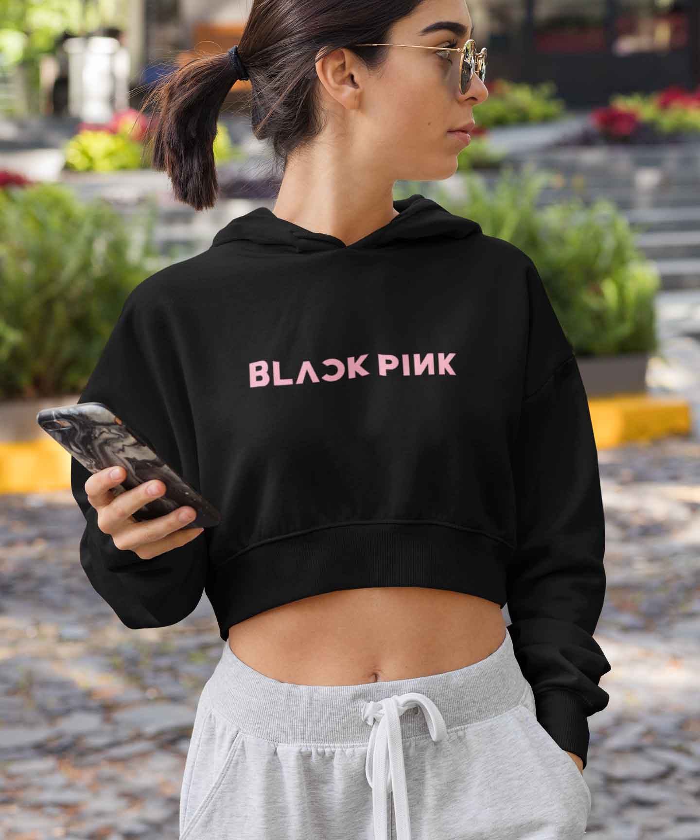 Black Pink - Crop Hooded Sweatshirt
