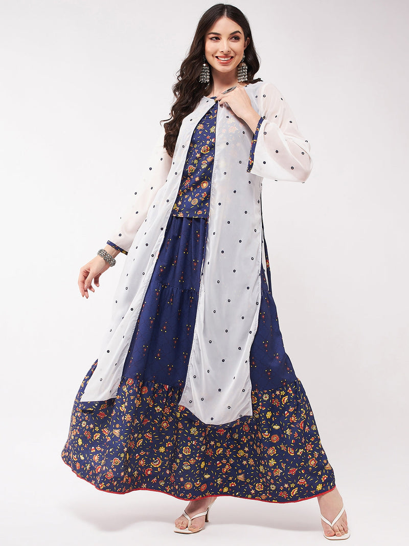 Mughal Printed Top  With Skirt And Embroidered Shrug