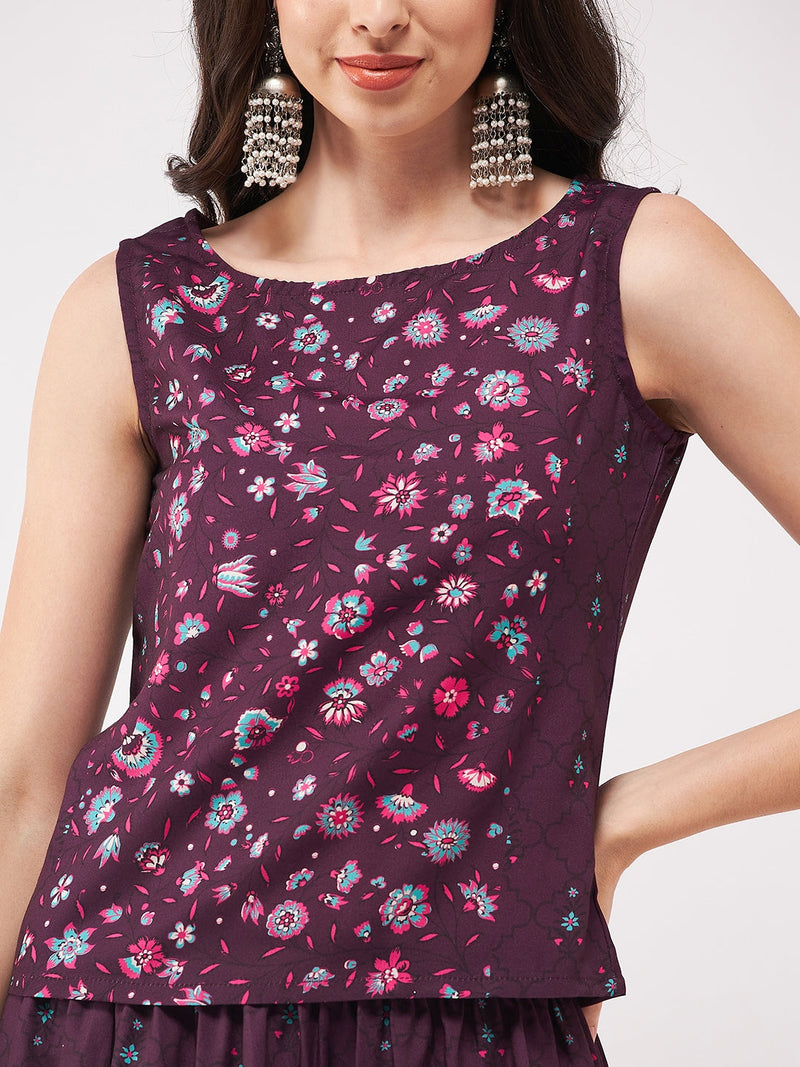 Mughal Printed Top  With Skirt And Embroidered Shrug