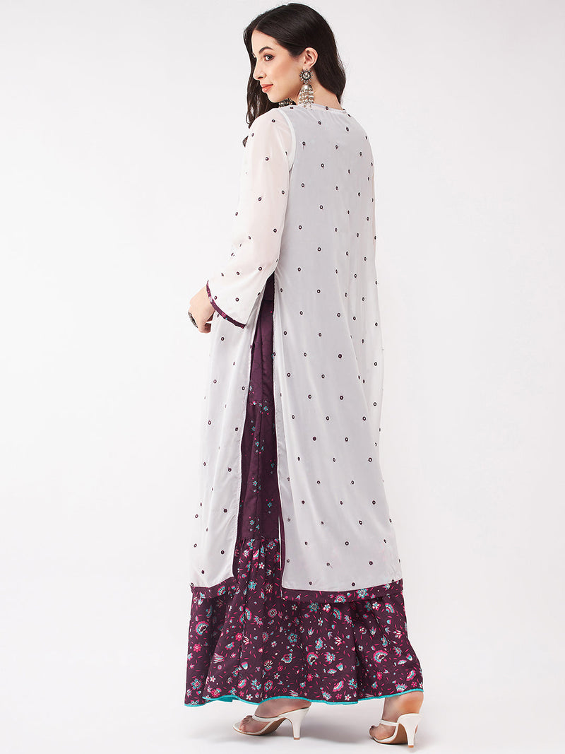 Mughal Printed Top  With Skirt And Embroidered Shrug