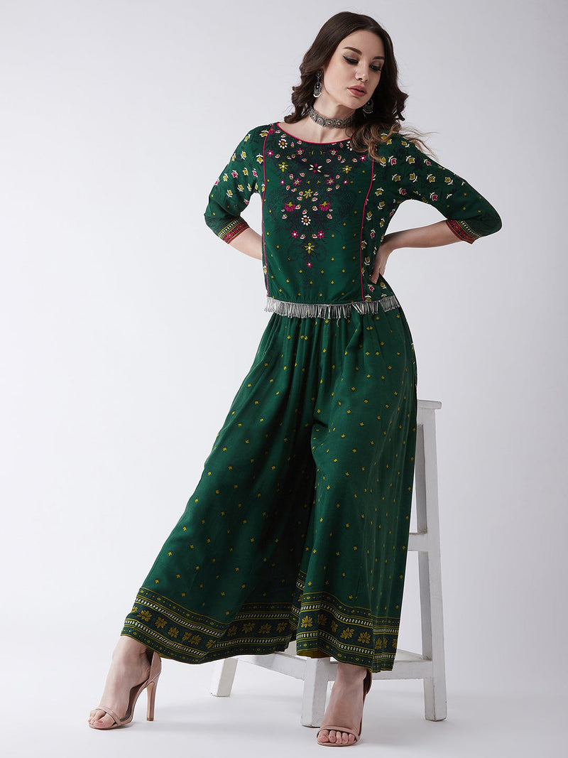 Green Mughal High-Low Top With Kalidaar Palazzo