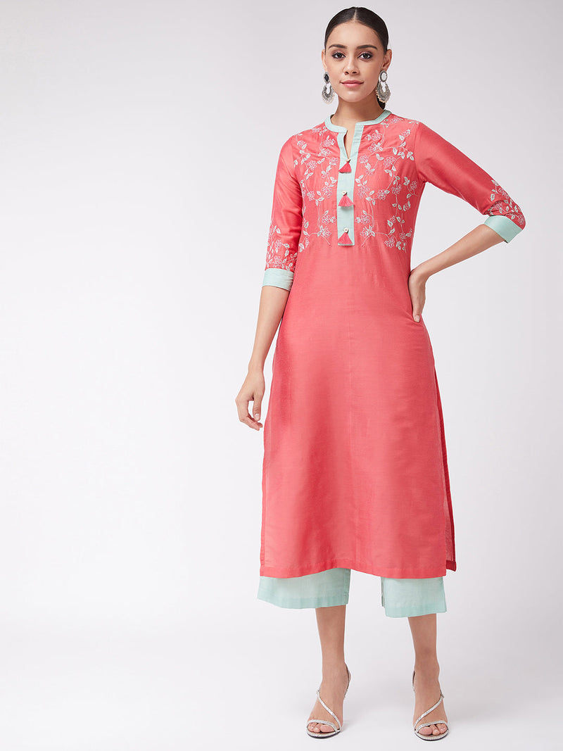 Straight Fit Embroidered Kurta With Palazzo