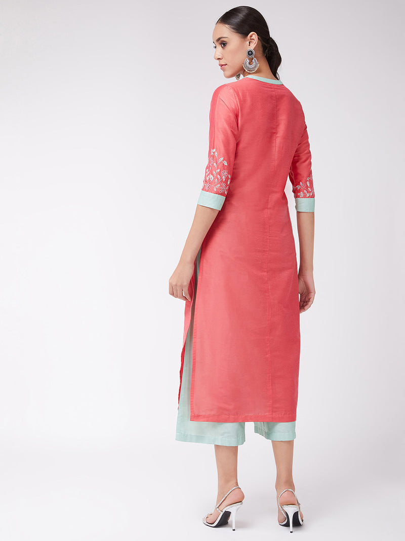 Straight Fit Embroidered Kurta With Palazzo