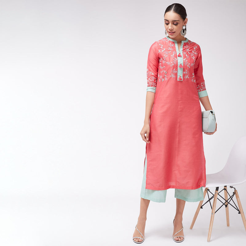 Straight Fit Embroidered Kurta With Palazzo