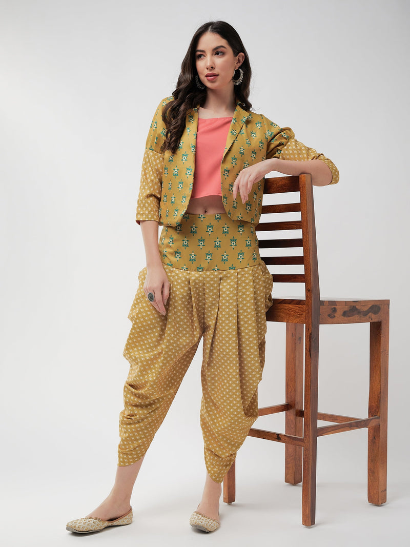 Jaipur Haat Leg 'O' Mutton Sleeves Jacket With Top And Dhoti Pant