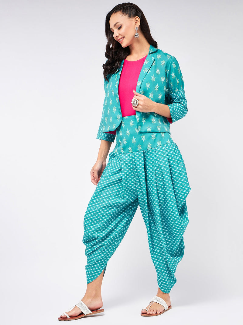 Jaipur Haat Leg 'O' Mutton Sleeves Jacket With Top And Dhoti Pant