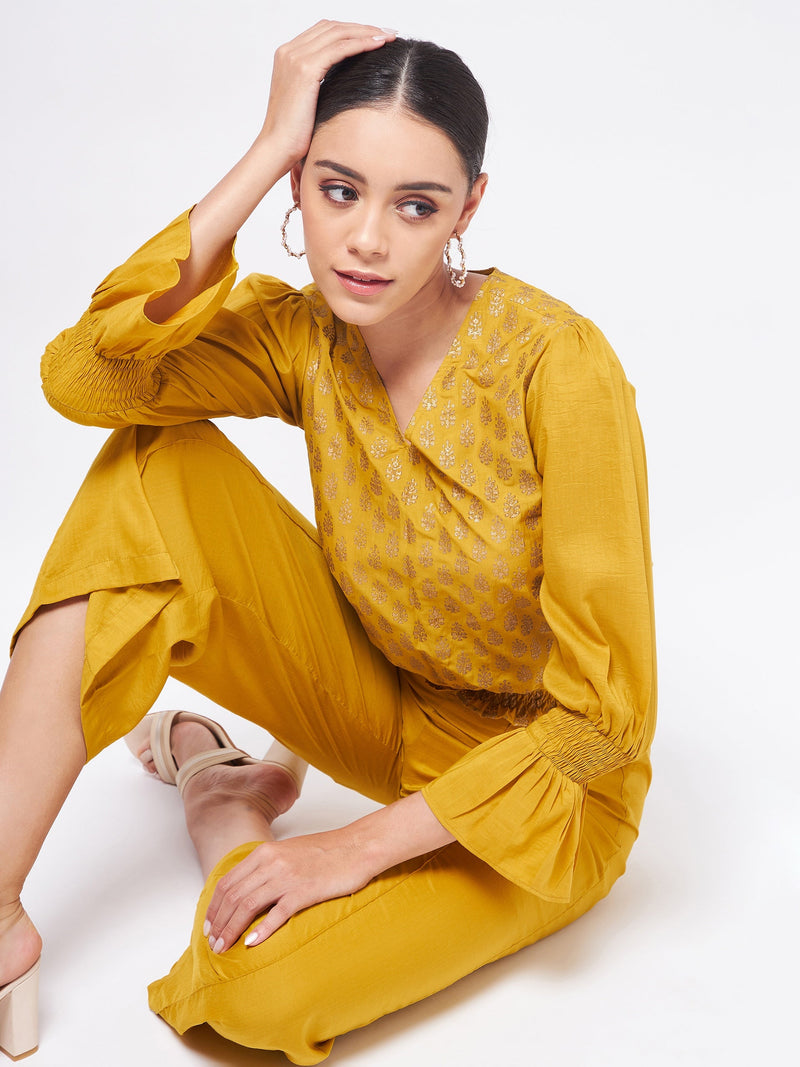 Shringaar Mustard Block Printed Stylish Top With Matching Pant