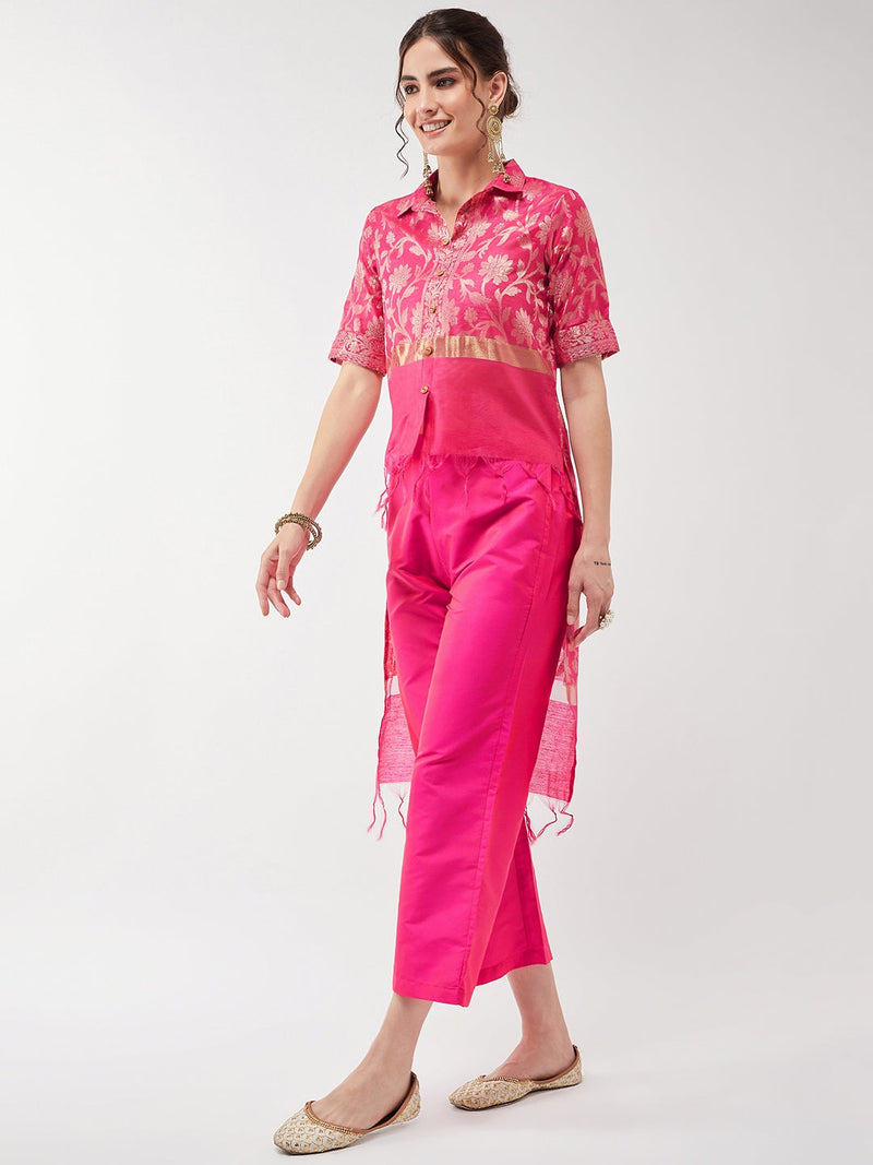 Festive Jacquard High-Low Top With Matching Pant Set