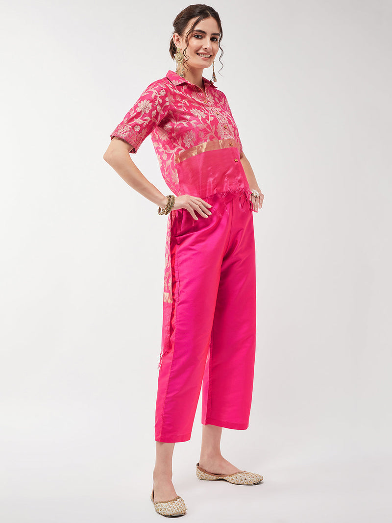 Festive Jacquard High-Low Top With Matching Pant Set