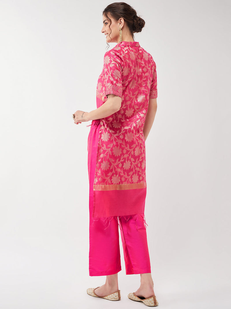 Festive Jacquard High-Low Top With Matching Pant Set