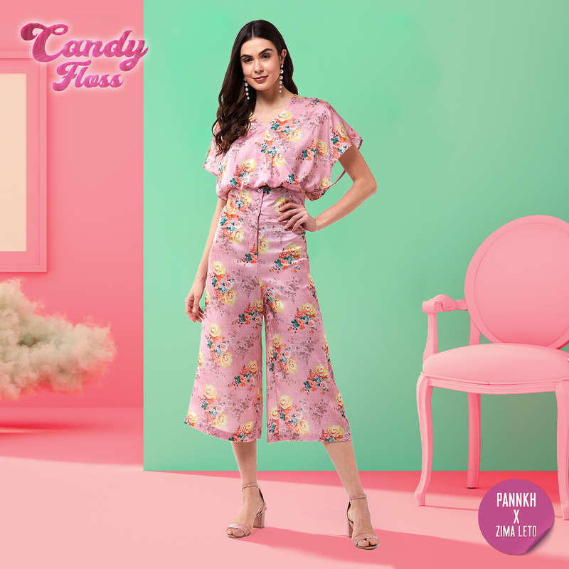 Candy Inspired Floral Digital Printed Loose Top With High Waist Pants