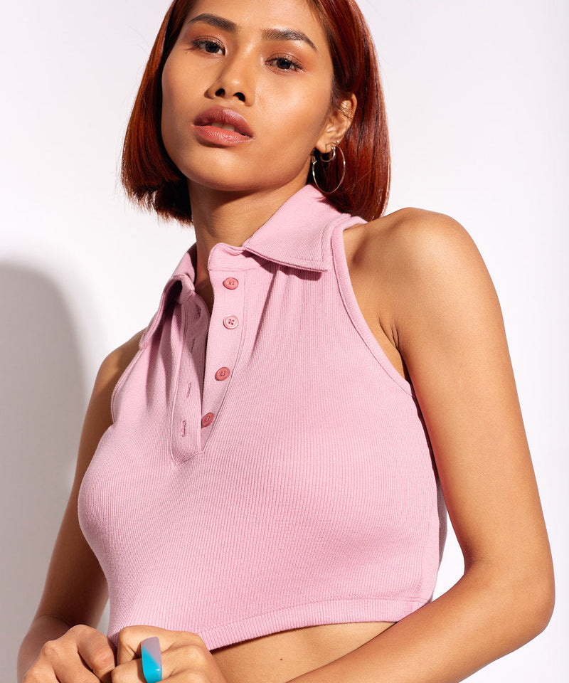 Ribbed Collared Sleeveless Top - Rose pink