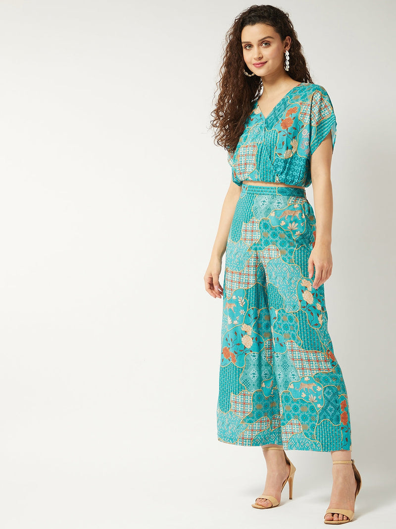 Printed Loose Overlap Top and Pant Set