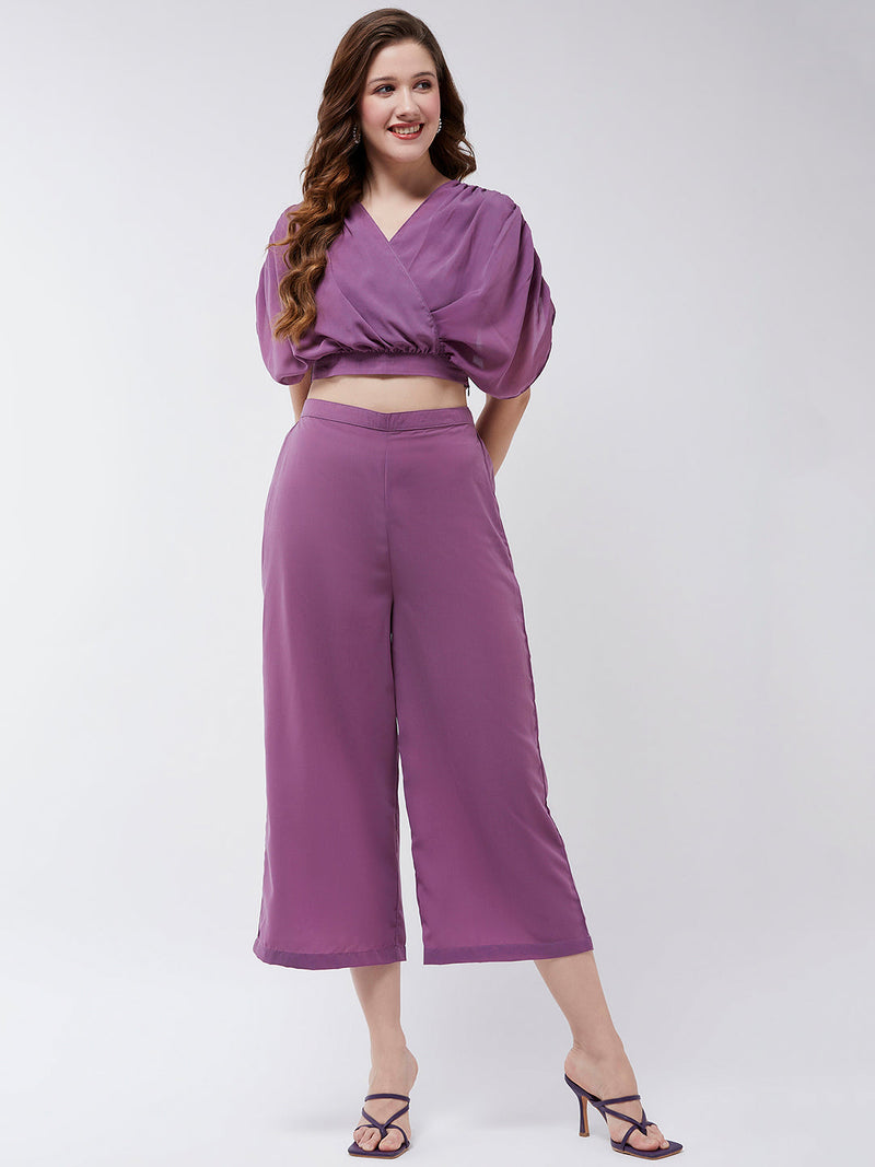 Solid Pleated Top With Matching Pant Set