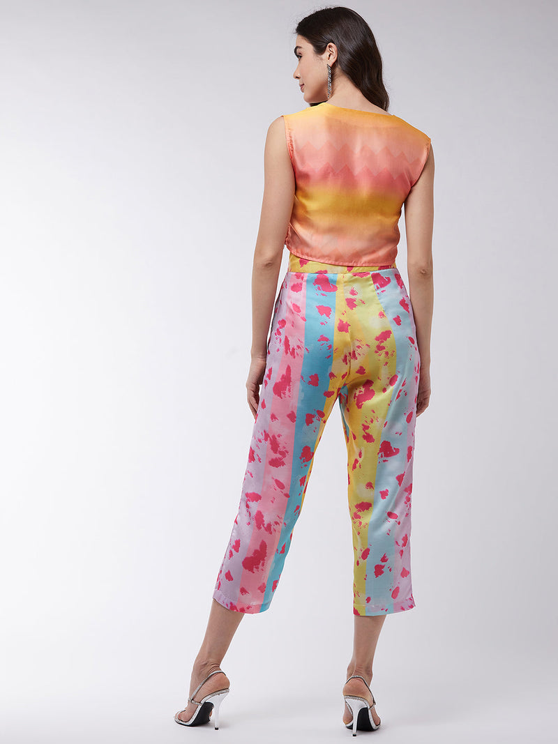 Candy Inspired Digital Printed Crop Top With High Waist Pleated Pants