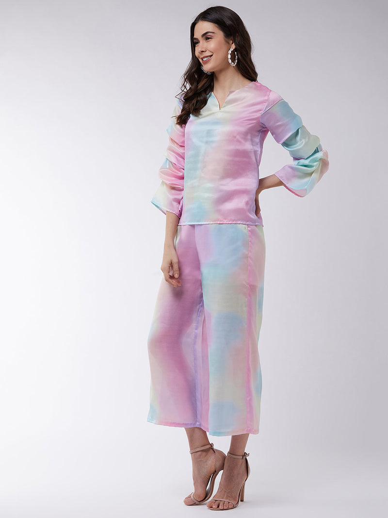 Candy Inspired Digital Printed Top With Pleated Sleeves And Matched Pants