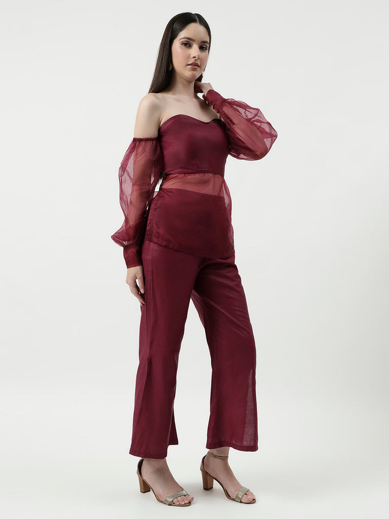 Off-Shoulder Tube Top With Sheer Stylish Sleeves And Matching Pant Set