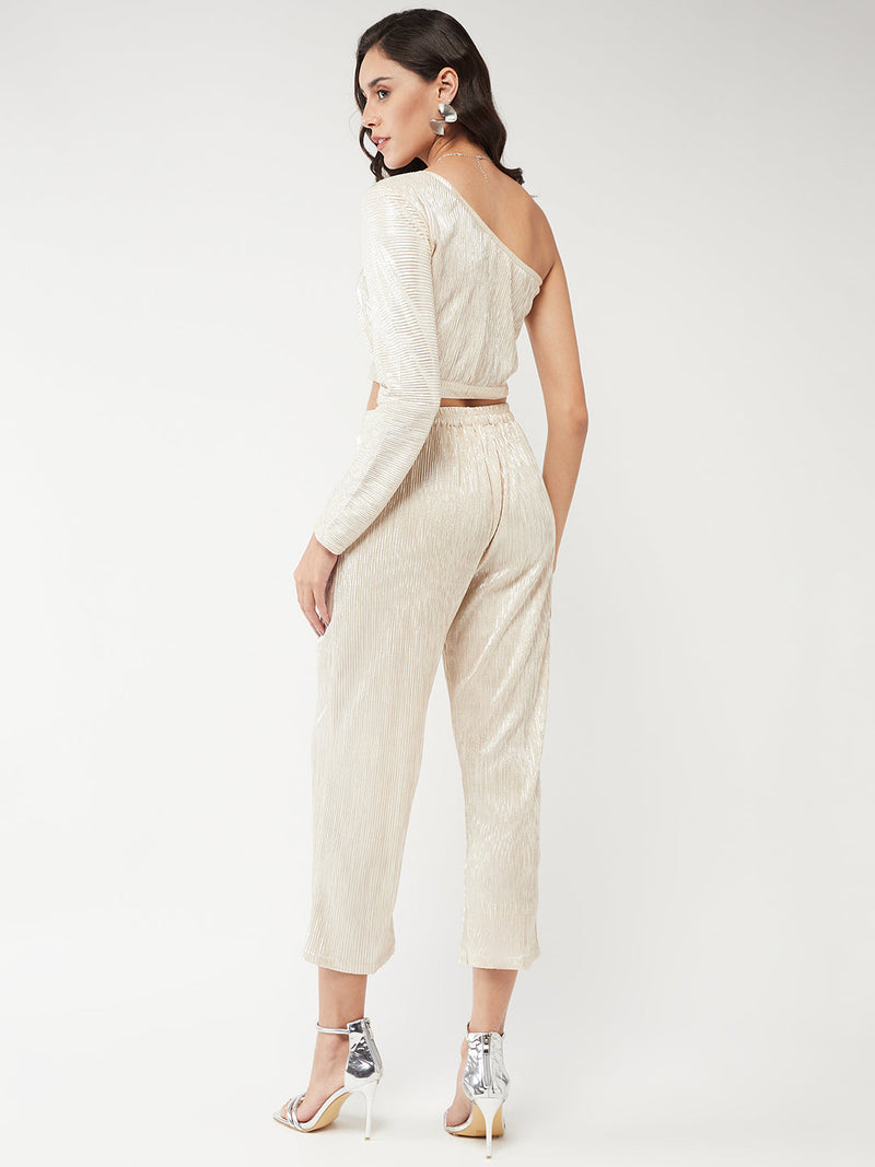 Shimmer Pleated One-Shoulder Top With Pant Set