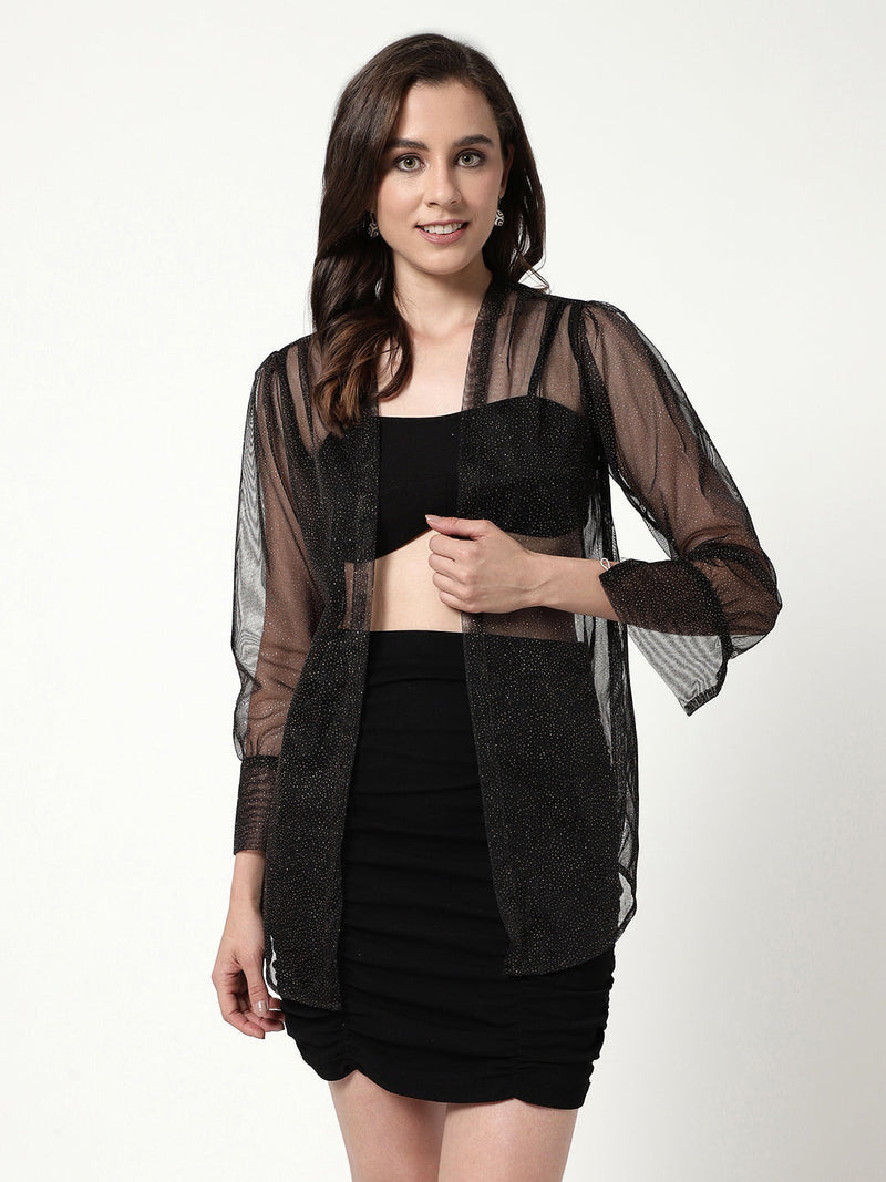 Shimmer Shirt With Bralette And Ruched Design Skirt Set