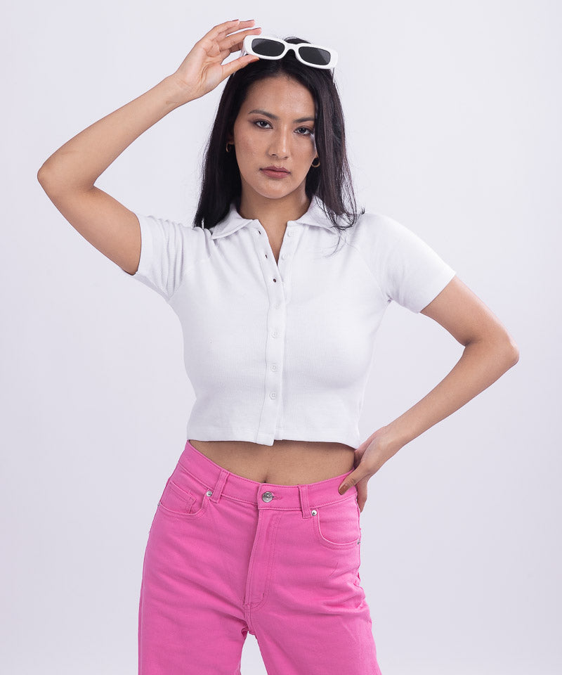 Ribbed Collared Half Sleeves Button Top - White