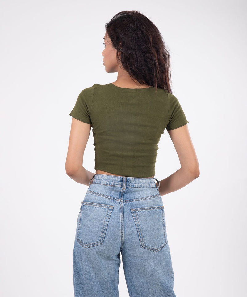 Ribbed Button Top - Olive Green - TheBTclub
