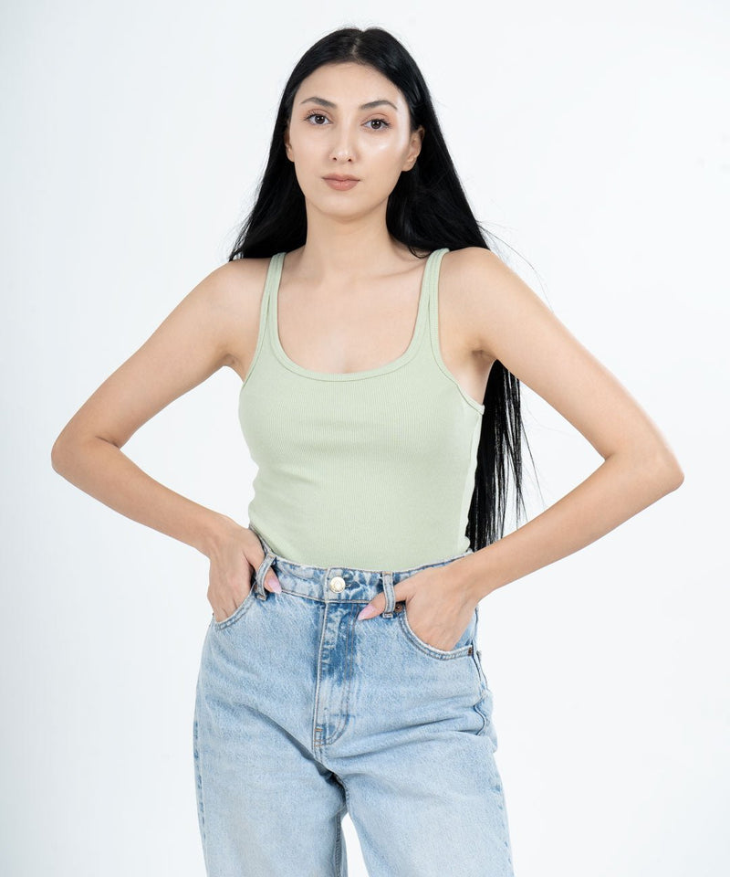 Ribbed Thin Strap Vest Top - Pastel green