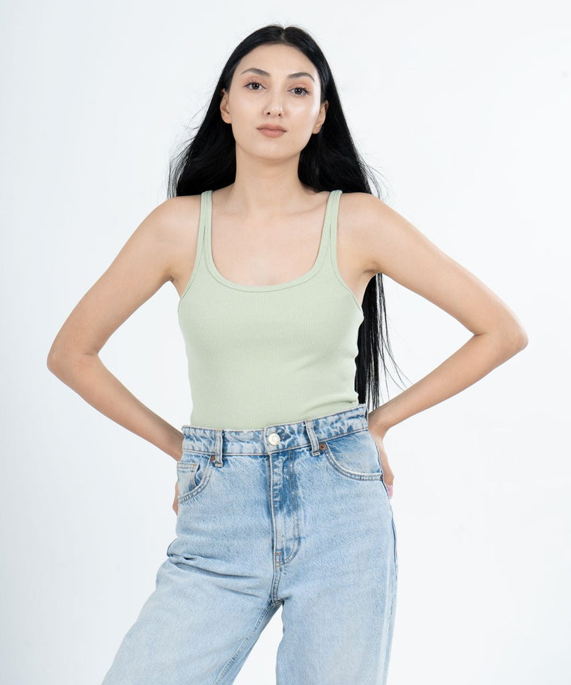 Ribbed Thin Strap Vest Top - Pastel green