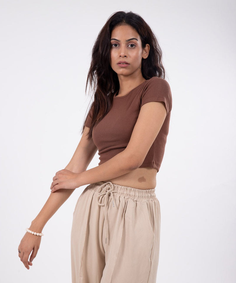 Ribbed Cropped T-shirt - Brown